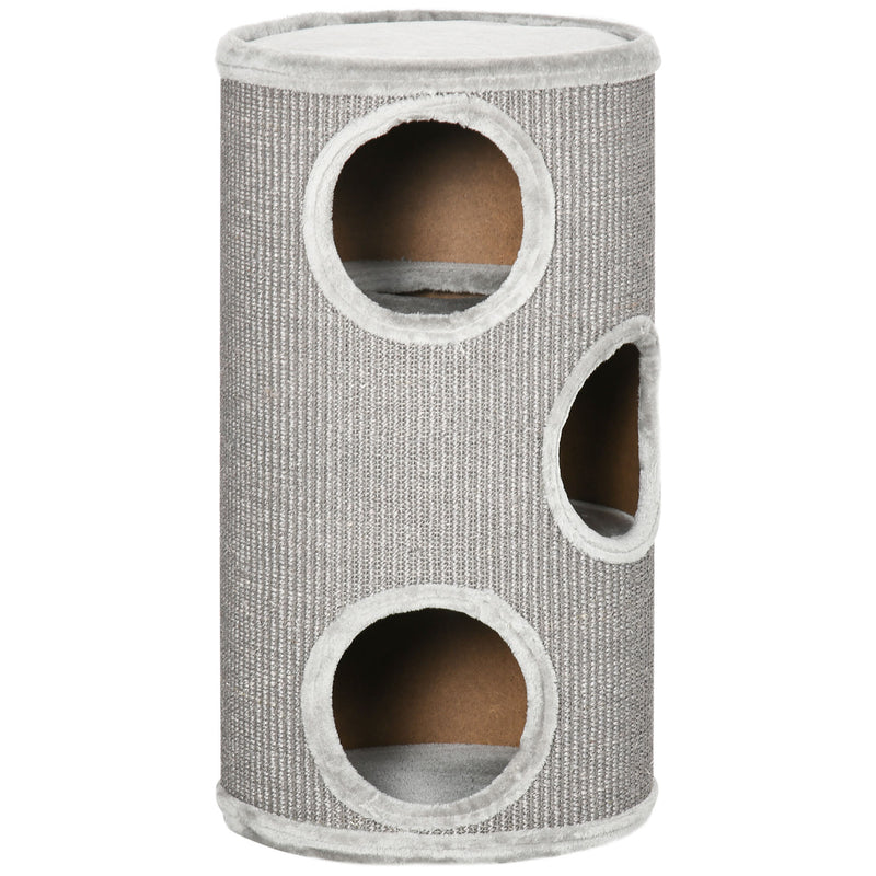 Barril para Arranhar Gatos de 3 níveis Torre para Arranhar Gatos com 3 Entradas e Tampa em Sisal Ø38x70 cm Cinzento Claro