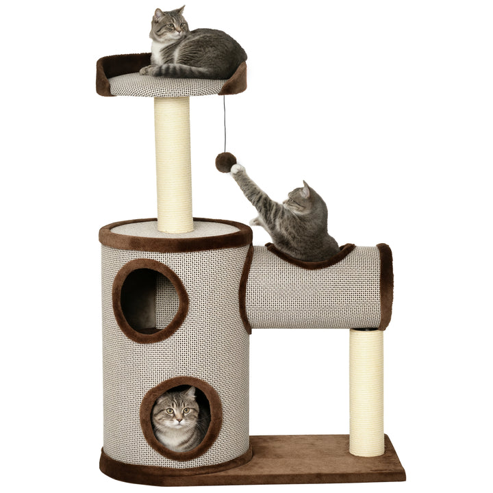 Árvore Arranhador para Gatos Médios Altura 104cm Torre de Escalada para Gatos com Barril Arranhador Plataforma Superior Túnel Poste de Sisal e Bola Suspensa 75x39x104cm Marrom