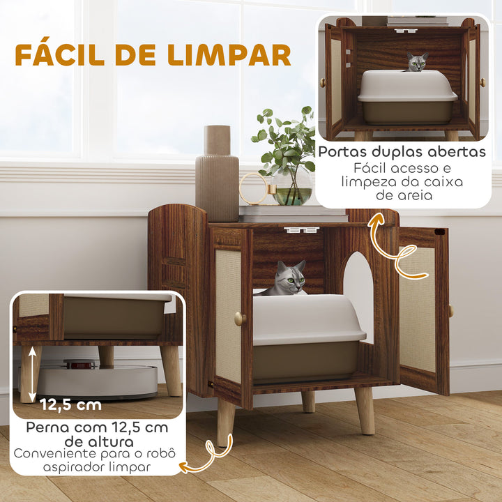 Móvel Caixa de Areia para Gatos Caixa de Areia para Gatos Mesa Auxiliar com Portas e Tapetes de Sisal Pés de Madeira para Sala Quarto 55x43x59,6 cm Castanho Rústico