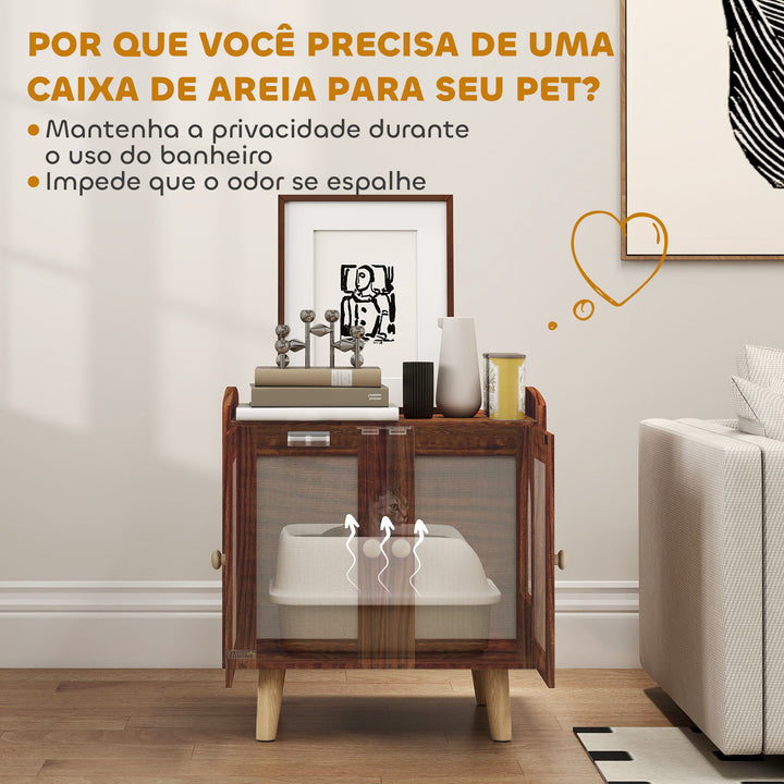 Móvel Caixa de Areia para Gatos Caixa de Areia para Gatos Mesa Auxiliar com Portas e Tapetes de Sisal Pés de Madeira para Sala Quarto 55x43x59,6 cm Castanho Rústico