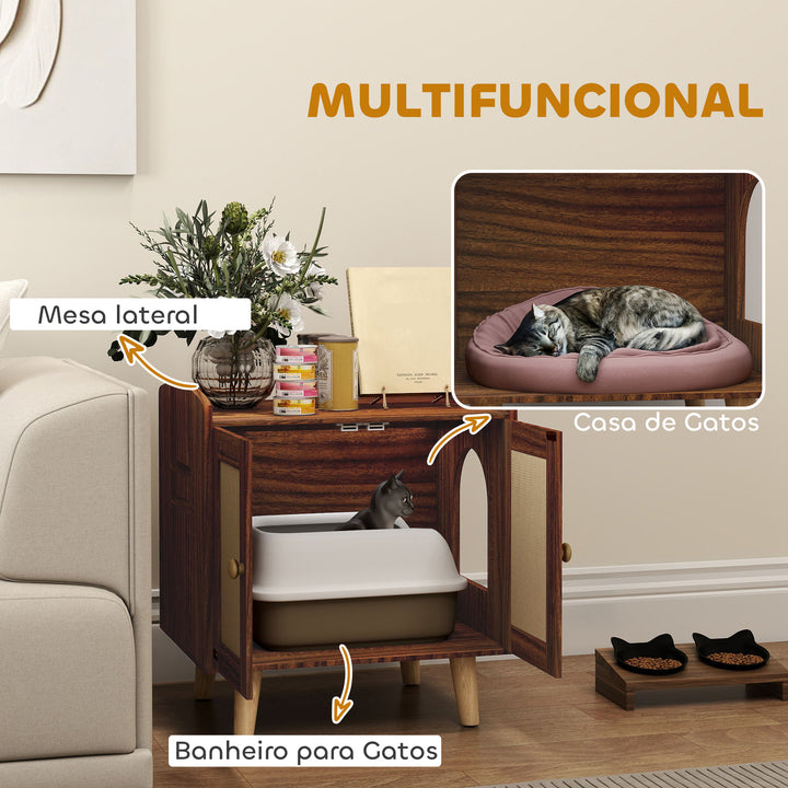 Móvel Caixa de Areia para Gatos Caixa de Areia para Gatos Mesa Auxiliar com Portas e Tapetes de Sisal Pés de Madeira para Sala Quarto 55x43x59,6 cm Castanho Rústico