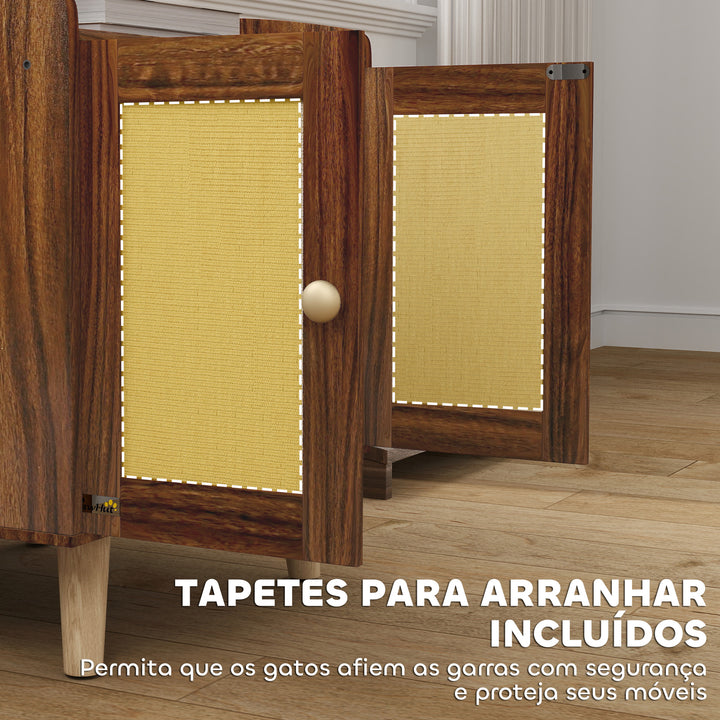 Móvel Caixa de Areia para Gatos Caixa de Areia para Gatos Mesa Auxiliar com Portas e Tapetes de Sisal Pés de Madeira para Sala Quarto 55x43x59,6 cm Castanho Rústico