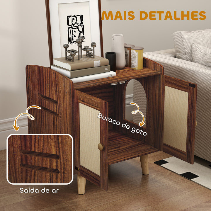 Móvel Caixa de Areia para Gatos Caixa de Areia para Gatos Mesa Auxiliar com Portas e Tapetes de Sisal Pés de Madeira para Sala Quarto 55x43x59,6 cm Castanho Rústico