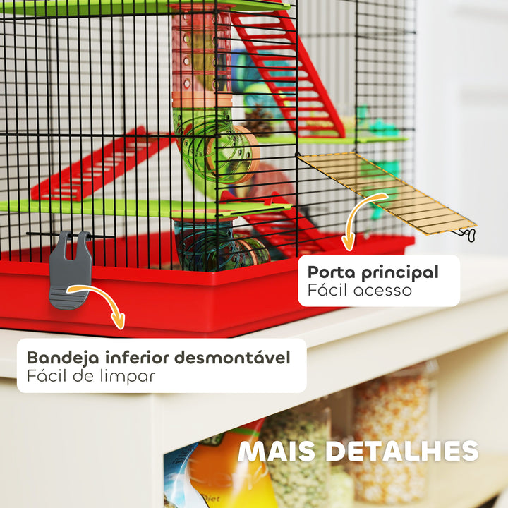 Gaiola para Hamster de 5 Níveis 47x30x59 cm Casa para Animais Pequenos com Túneis Tigela Bebedouro Casinha Roda de Exercício Rampas para Hamsters e Gerbos Vermelho