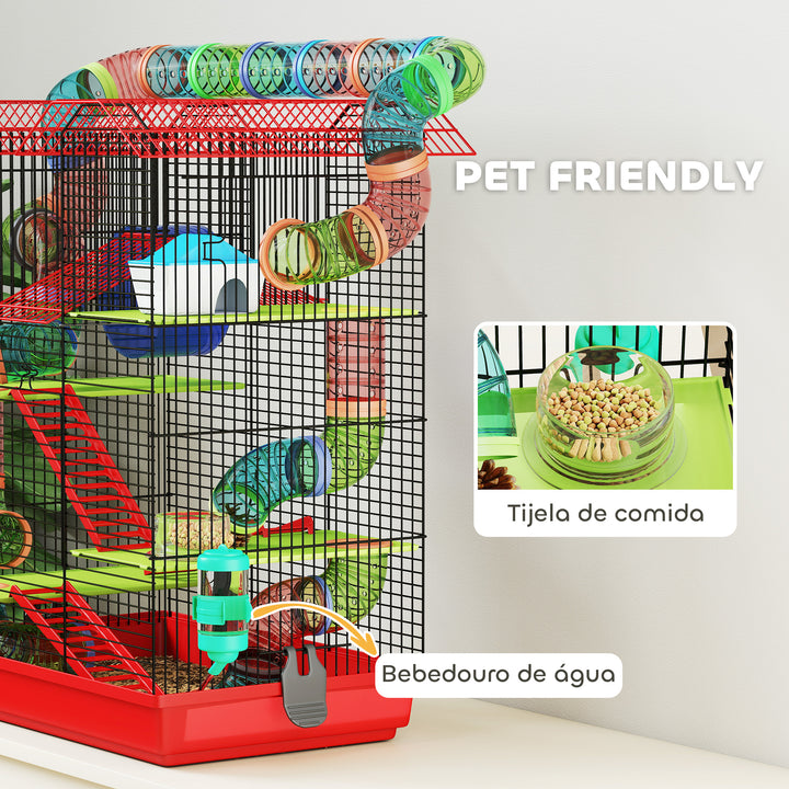 Gaiola para Hamster de 5 Níveis 47x30x59 cm Casa para Animais Pequenos com Túneis Tigela Bebedouro Casinha Roda de Exercício Rampas para Hamsters e Gerbos Vermelho