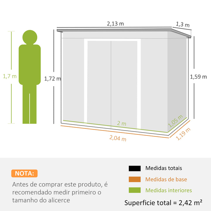 Abrigo de Jardim 213x130x172 cm Abrigo de Exterior de Aço Galvanizado com Porta Corredeira e Ventilações para Armazenamento de Ferramentas Cinza Claro