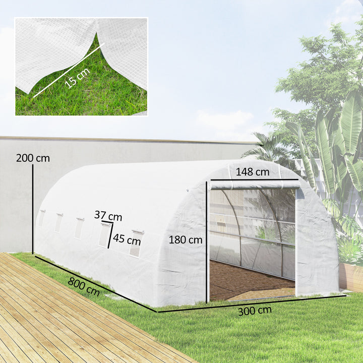 Estufa de jardim Tipo túnel para cultivo com 12 janelas e porta de enrolar Aço e PE 800x300x200 cm Branco