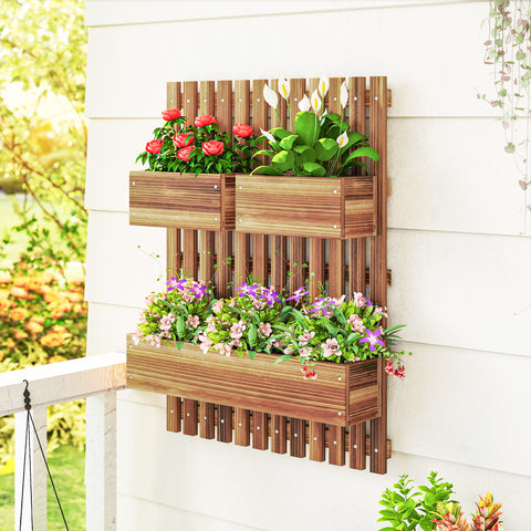 Floreira de Parede com Treliça Floreira Vertical de Madeira com 4 Vasos Móveis e Orifício de Drenagem para Jardim Varanda Pátio 60x16x80 cm Madeira Carbonizada