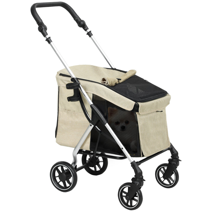 Carrinho para Cães Dobrável Carrinho de Passeio para Cães Pequenos com Rodas Universais Correia de Segurança Almofada Lavável e Janelas 80x48,5x106 cm Cáqui