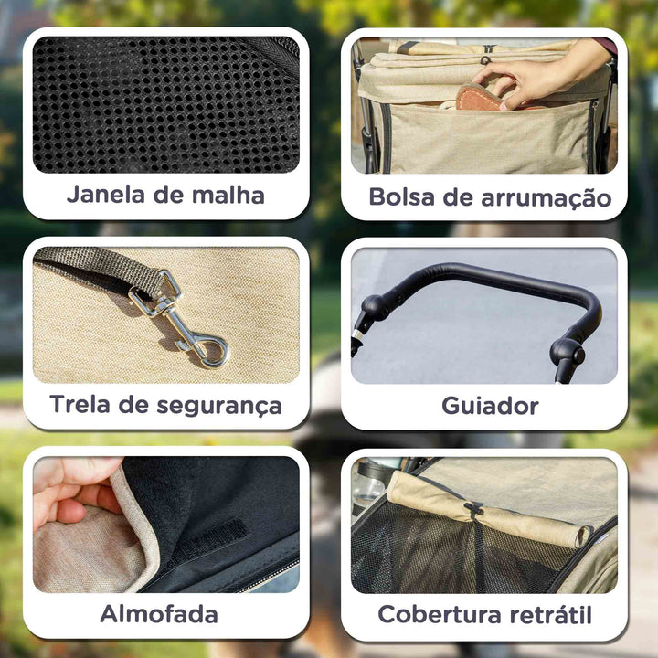 Carrinho para Cães Dobrável Carrinho de Passeio para Cães Pequenos com Rodas Universais Correia de Segurança Almofada Lavável e Janelas 80x48,5x106 cm Cáqui