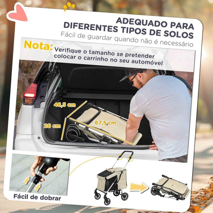 Carrinho para Cães Dobrável Carrinho de Passeio para Cães Pequenos com Rodas Universais Correia de Segurança Almofada Lavável e Janelas 80x48,5x106 cm Cáqui
