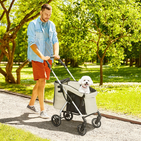 Carrinho para Cães Dobrável Carrinho de Passeio para Cães Pequenos com Rodas Universais Correia de Segurança Almofada Lavável e Janelas 80x48,5x106 cm Cáqui