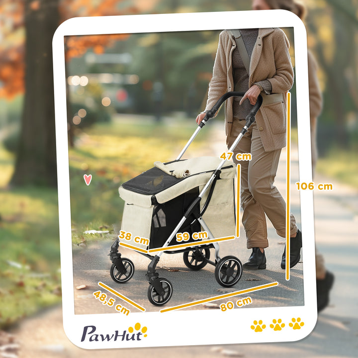 Carrinho para Cães Dobrável Carrinho de Passeio para Cães Pequenos com Rodas Universais Correia de Segurança Almofada Lavável e Janelas 80x48,5x106 cm Cáqui