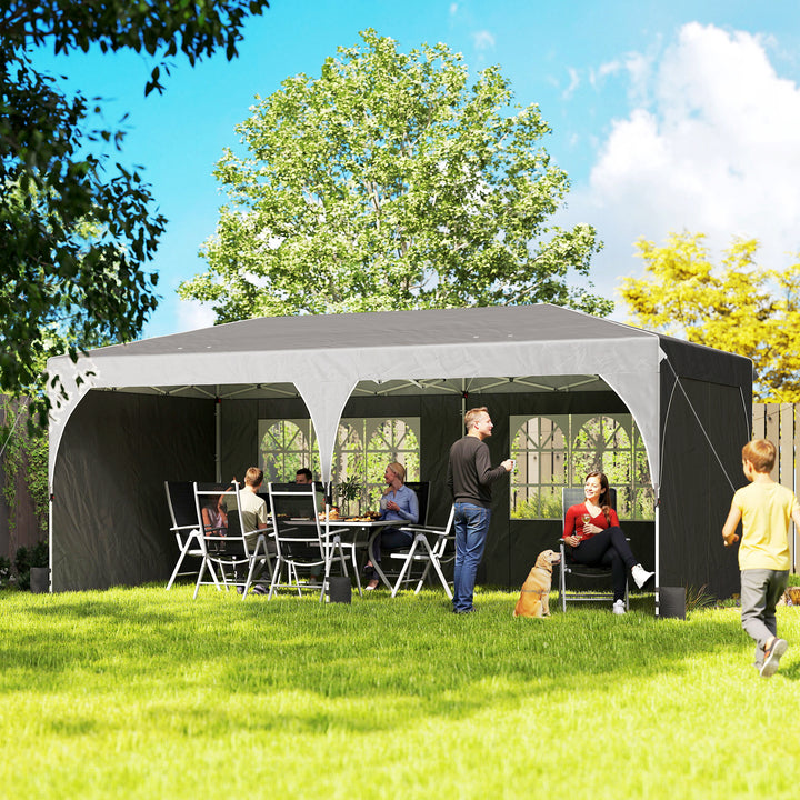 Tenda Dobrável 6x3 m Pop-up com 4 Laterais Amovíveis Tenda de Jardim com Faixas Refletoras Altura Ajustável Sistema Central de Bloqueio UPF50+ Impermeável Bolsa de Transporte Cinzento