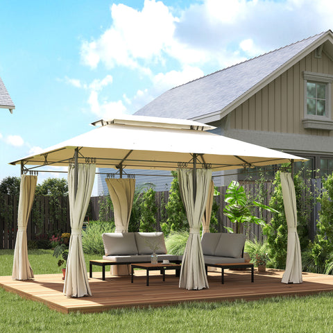 Pérgola de Jardim 397x297x265 cm Pérgola de Exterior com Teto Duplo Paredes Laterais Resistente a Água Pérgola para Pátio Creme