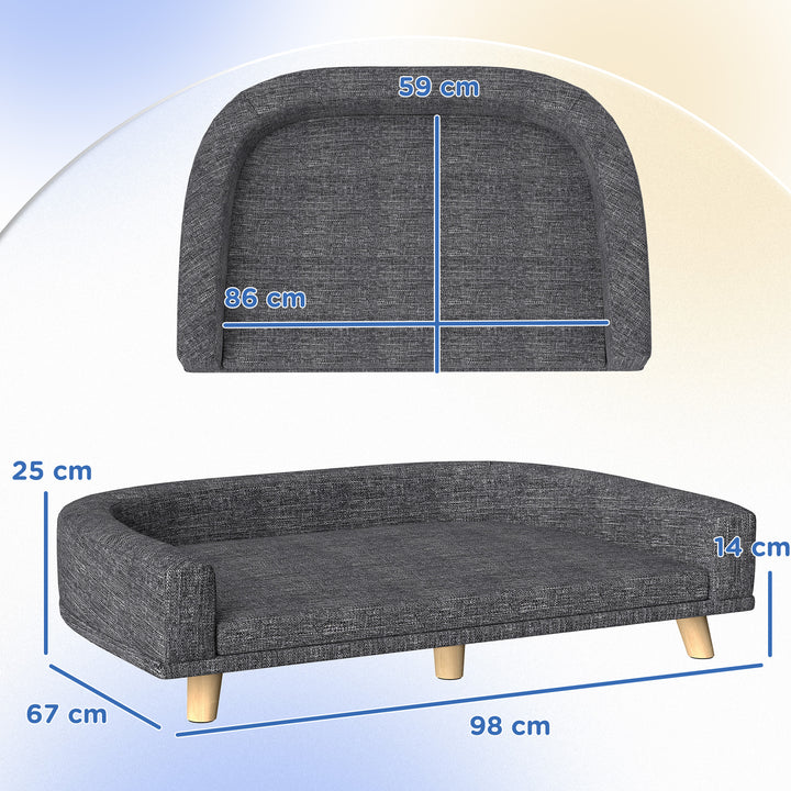 Sofá para Cães Cama Elevada para Cães Estofada com Almofada Lavável e Pés de Madeira de Pinho Carga Máxima 40 kg 98x67x25 cm Cinza Escuro