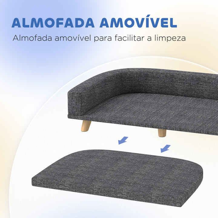 Sofá para Cães Cama Elevada para Cães Estofada com Almofada Lavável e Pés de Madeira de Pinho Carga Máxima 40 kg 98x67x25 cm Cinza Escuro