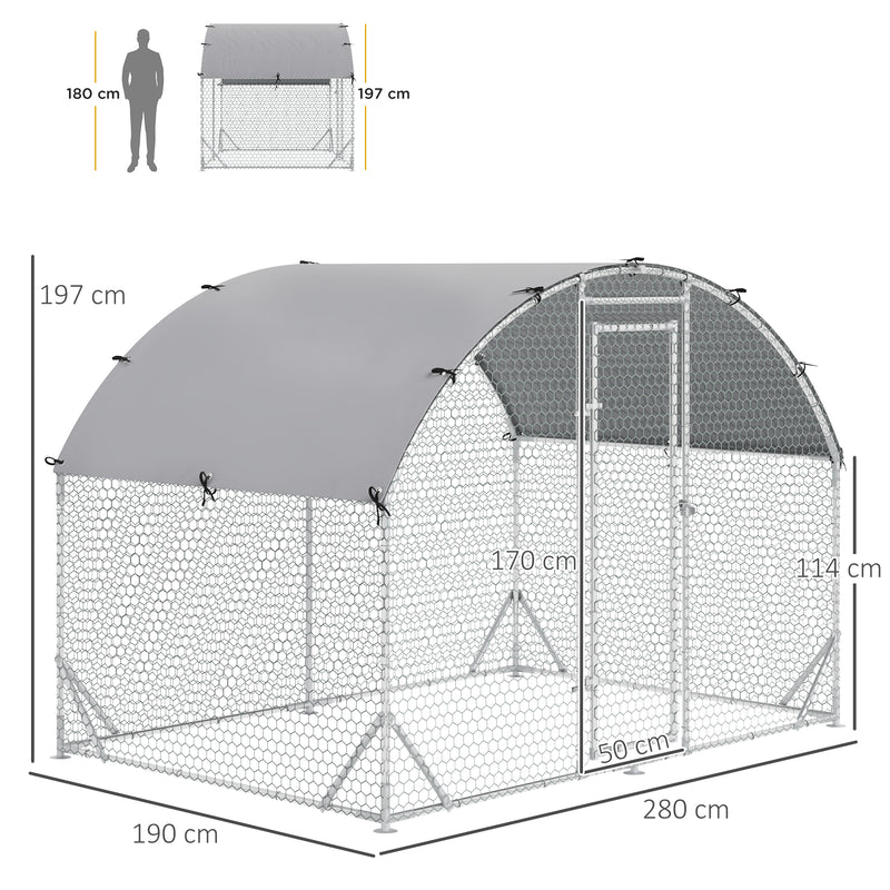 Galinheiro para Exterior Grande 2,8x1,90x1,97 m Galinheiro para 4-6 Galinhas de Aço Galvanizado com Teto de Tecido Oxford para Coelhos Aves Prata