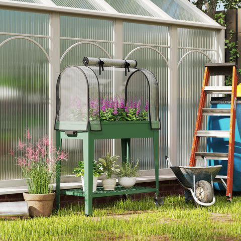 Mesa de Cultivo com Rodas 80x40x120 cm Horta Urbana Elevada com Cobertura de Estufa e Prateleira Inferior para Cultivar Plantas Flores e Vegetais Verde