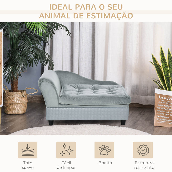 Sofá para Cães Pequenos Sofá para Gatos Estofado em Veludo com Arrumação Oculta e Almofada Lavável Carga 10 kg 76x45x43 cm Cinzento Claro