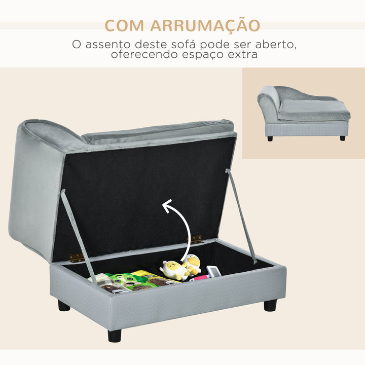 Sofá para Cães Pequenos Sofá para Gatos Estofado em Veludo com Arrumação Oculta e Almofada Lavável Carga 10 kg 76x45x43 cm Cinzento Claro