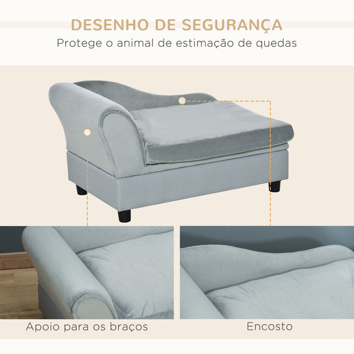 Sofá para Cães Pequenos Sofá para Gatos Estofado em Veludo com Arrumação Oculta e Almofada Lavável Carga 10 kg 76x45x43 cm Cinzento Claro