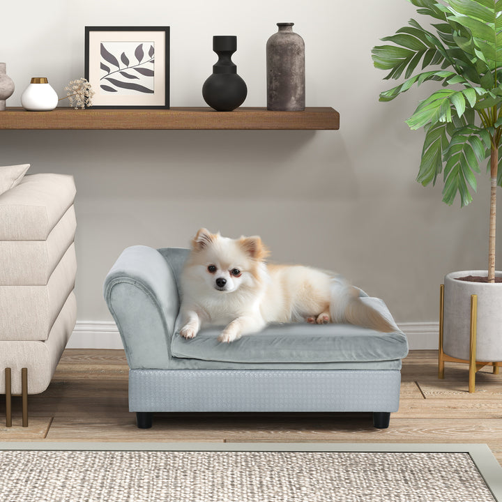 Sofá para Cães Pequenos Sofá para Gatos Estofado em Veludo com Arrumação Oculta e Almofada Lavável Carga 10 kg 76x45x43 cm Cinzento Claro