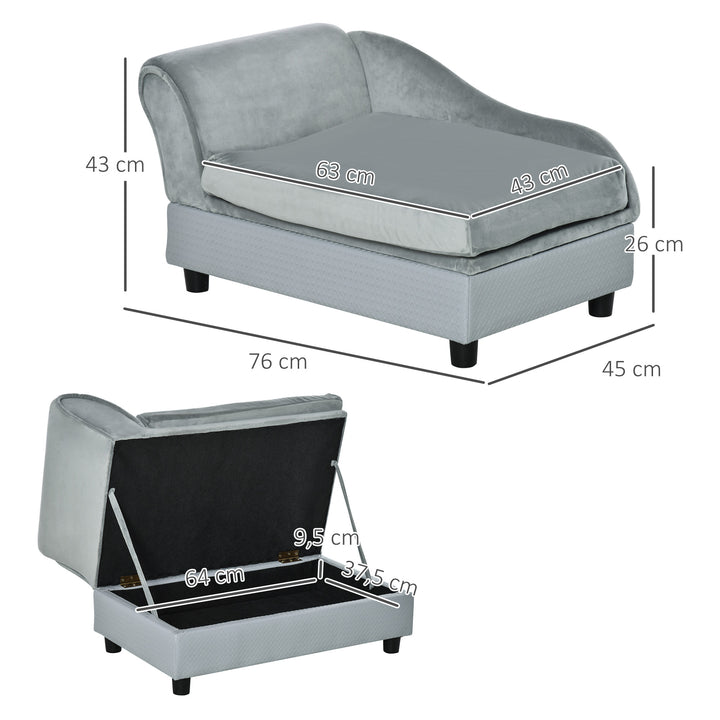Sofá para Cães Pequenos Sofá para Gatos Estofado em Veludo com Arrumação Oculta e Almofada Lavável Carga 10 kg 76x45x43 cm Cinzento Claro