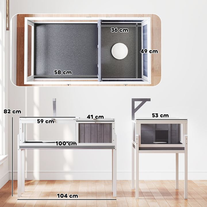 Casa para Tartarugas em Madeira Terrário para Répteis com 2 Tetos Articulados Bandeja Removível Suporte para Lâmpada Painéis Transparentes Trinco de Segurança e Tigela 104x53x82 cm Branco e Cinza