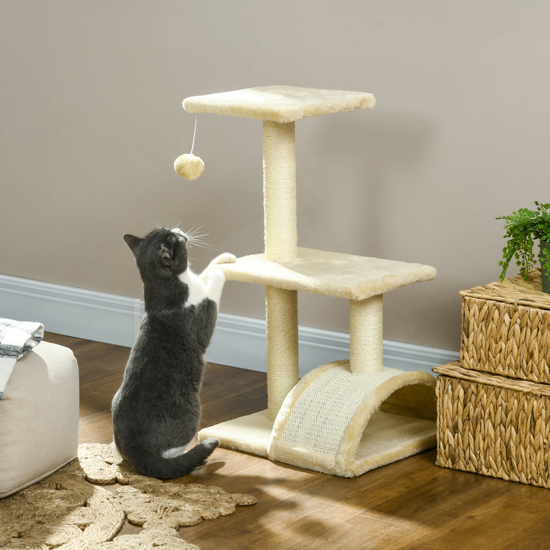 Arranhador para Gatos Médio Arranhador para Gatos de 3 Níveis Torre para Gatos com Postes de Sisal Placa para Arranhar e Bola Suspensa Creme