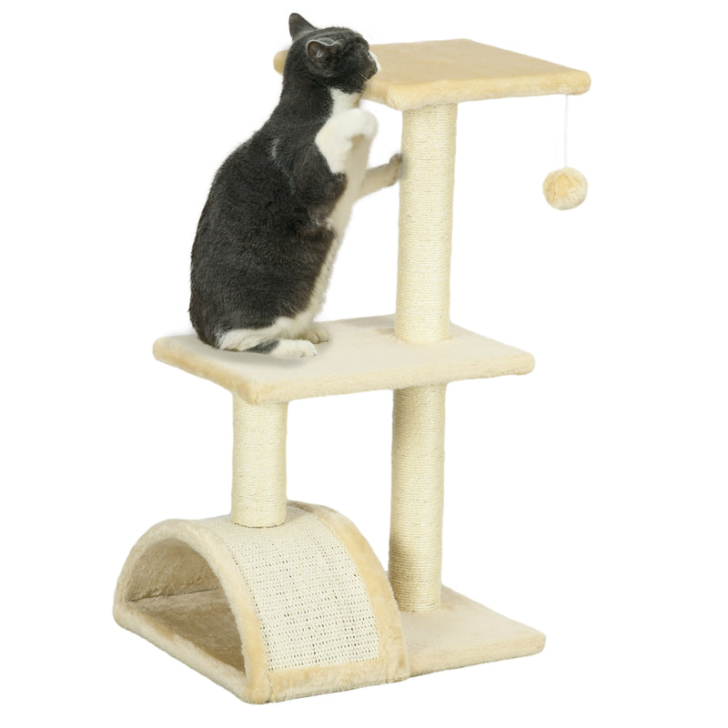 Arranhador para Gatos Médio Arranhador para Gatos de 3 Níveis Torre para Gatos com Postes de Sisal Placa para Arranhar e Bola Suspensa Creme