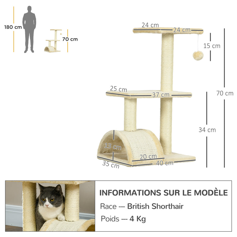 Arranhador para Gatos Médio Arranhador para Gatos de 3 Níveis Torre para Gatos com Postes de Sisal Placa para Arranhar e Bola Suspensa Creme