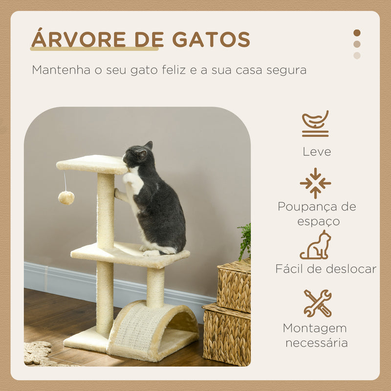 Arranhador para Gatos Médio Arranhador para Gatos de 3 Níveis Torre para Gatos com Postes de Sisal Placa para Arranhar e Bola Suspensa Creme