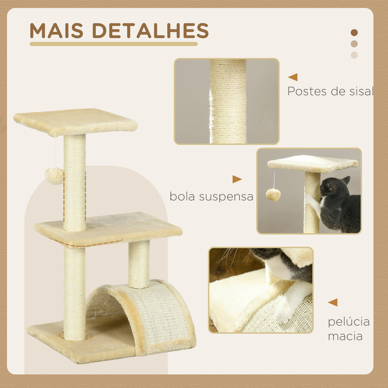 Arranhador para Gatos Médio Arranhador para Gatos de 3 Níveis Torre para Gatos com Postes de Sisal Placa para Arranhar e Bola Suspensa Creme