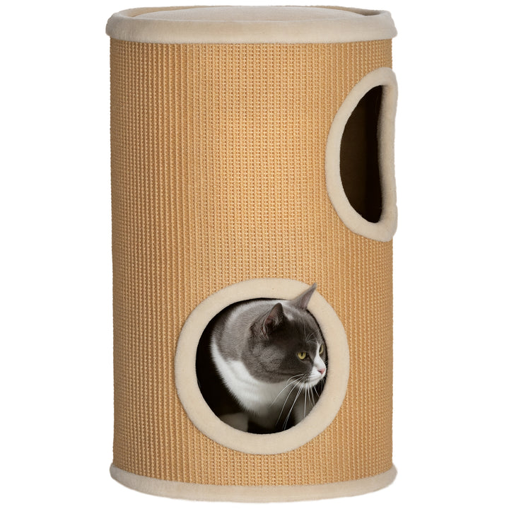 Barril Arranhador para Gatos 60 cm de Altura Tonel de Escalada com 2 Cavernas e Cobertura de Sisal Arranhador para Gatos Ø35x60 cm Marrom e Bege
