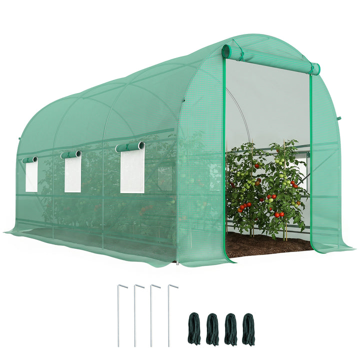 Estufa de Jardim 400x200x200cm Estufa de Túnel com Portas Enroláveis e 6 Janelas Cobertura de PE 140 g/m² Estrutura de Metal para Cultivo de Plantas Verduras Verde