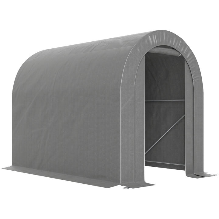 Tenda de Jardim Exterior para Ferramentas Bicicletas 2,4x1,6x1,9 m Abrigo Exterior com Estrutura em Aço Porta Enrolável com Fecho Impermeável Garagem Portátil Cinzento Claro