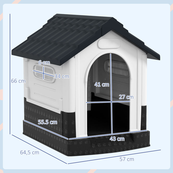 Casota para Cães Mini de Exterior Casa de Plástico com 3 Janelas Base Elevada Telhado Imitando Telhas 64,5x57x66 cm Cinzento Escuro