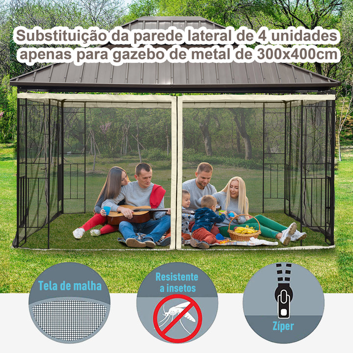 4 Painéis Laterais 352x207 cm para Tenda de Jardim Mosquiteira para Gazebo Gazebo com Zíperes e Anéis Preto