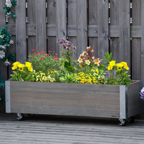 Floreira Exterior Grande com Rodas Floreira de Madeira com Tecido não Tecido Floreira com Sistema de Drenagem para Cultivo de Flores Plantas em Varanda Pátio 96x30,6x30 cm Madeira Acinzentada