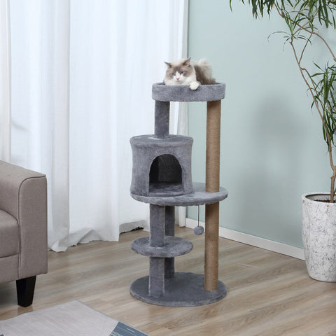 Árvore Arranhador para Gatos de 104 cm Arranhador para Gatos com Plataforma Caverna Postes de Sisal e Bola Suspensa 48x48x104 cm Cinza