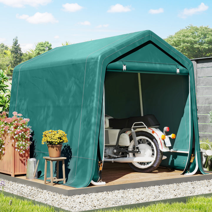 Abrigo de Exterior para Ferramentas Bicicleta 2,4x2x2,02 m Abrigo de Armazenamento com 2 Portas com Fecho de Correr Impermeável Anti-UV para Jardim Verde