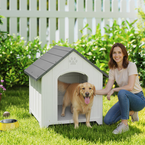 Casota para Cães de Exterior Casa para Cães Grandes em Plástico Impermeável com 2 Janelas Base Elevada Estacas Fácil de Montar 88x79x89 cm Cinzento