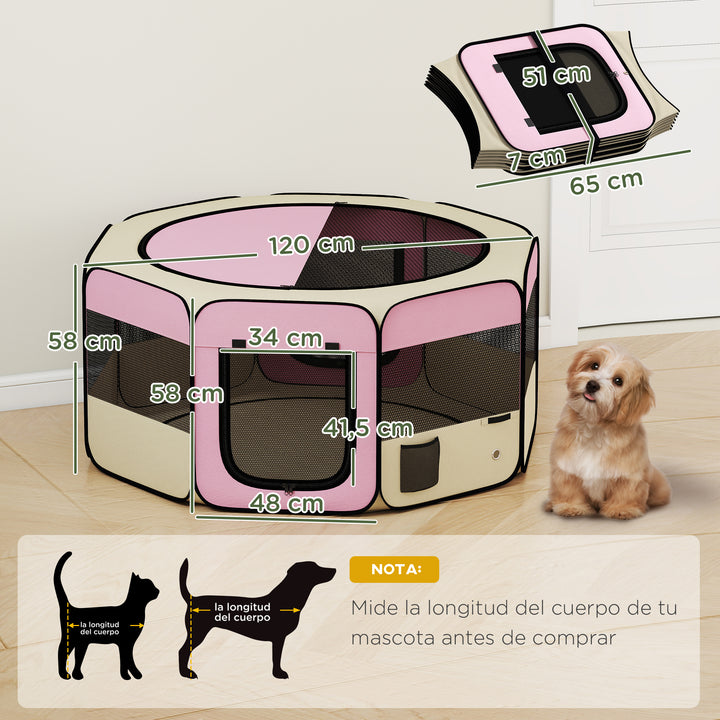 Parque Dobrável para Cães e Gatos Cercado Portátil para Animais Pequenos em Tecido Oxford Impermeável com 2 Portas Interior e Exterior Ø120x58 cm Rosa