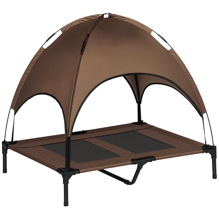 Cama Elevada para Animais de Estimação Portátil com Toldo Amovível Tecido Respirável para Interior e Exterior 92x76x90cm Marrom