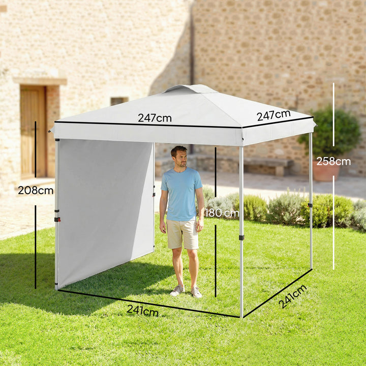 Tenda Dobrável 247x247x268 cm Altura Ajustável Tenda de Jardim com 1 Parede Lateral Teto com Ventilação e Bolsa de Transporte para Acampamento Festas Branco