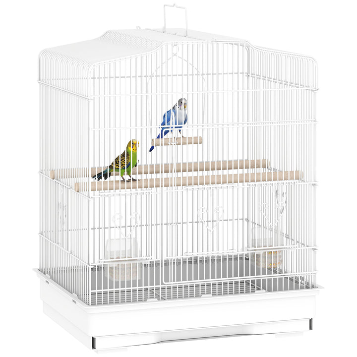 Gaiola para Pássaros Gaiola de Aço com Portas 2 Comedouros 2 Poleiros Baloiço Bandeja Removível e Pega de Transporte para Loro Canário Periquito 46,5x36x59 cm Branco