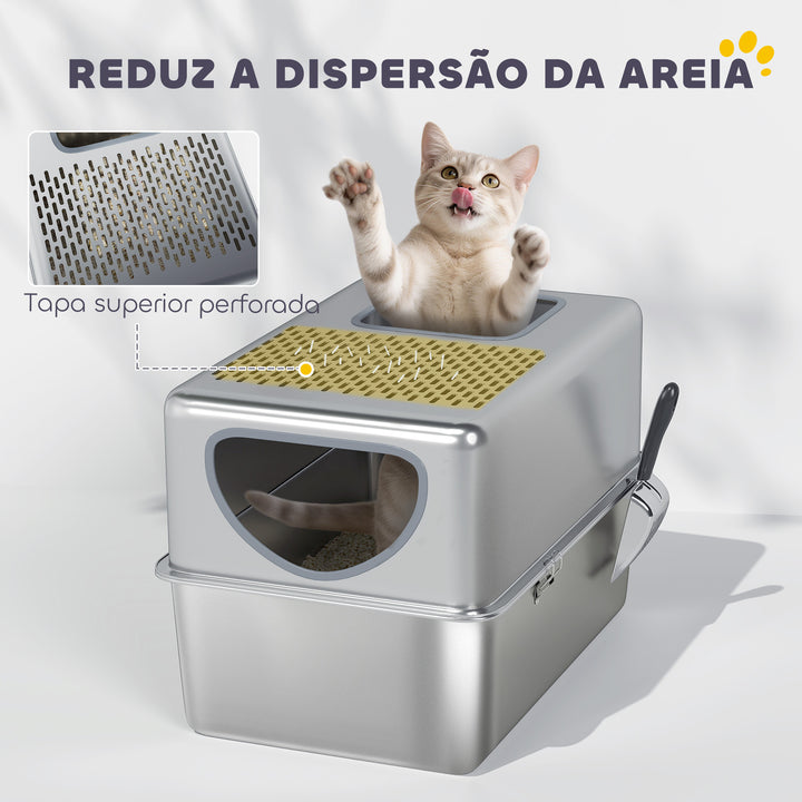 Caixa de Areia para Gatos em Aço Inoxidável XL Caixa de Areia para Gatos com Pá Aberturas Duplas Fácil de Limpar 60x39,6x40,1 cm Prateado