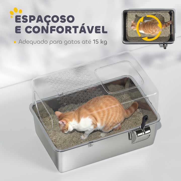 Caixa de Areia para Gatos em Aço Inoxidável XL Caixa de Areia para Gatos com Pá Aberturas Duplas Fácil de Limpar 60x39,6x40,1 cm Prateado