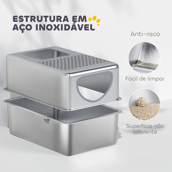 Caixa de Areia para Gatos em Aço Inoxidável XL Caixa de Areia para Gatos com Pá Aberturas Duplas Fácil de Limpar 60x39,6x40,1 cm Prateado